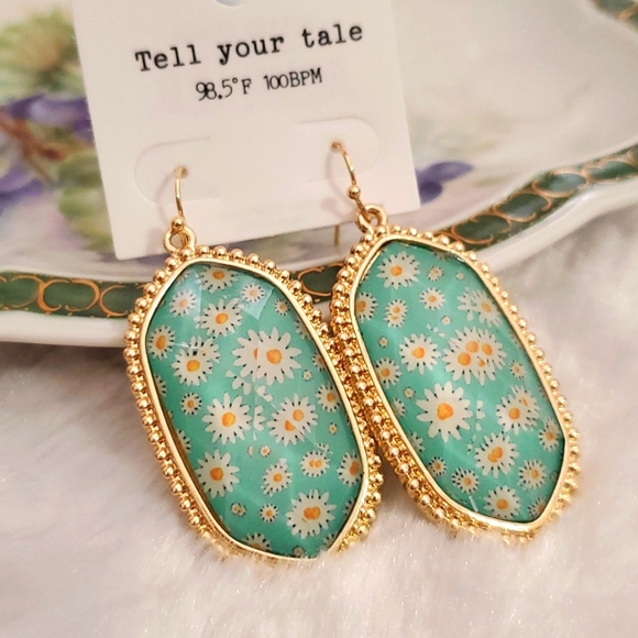 Blue green yellow daisies Goldtone beveled acrylic fun Summer Spring - Picture 2 of 9